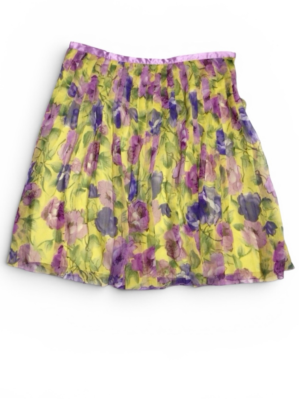 WD.NY Yellow Purple Floral Silk Pleated Skirt Size 14